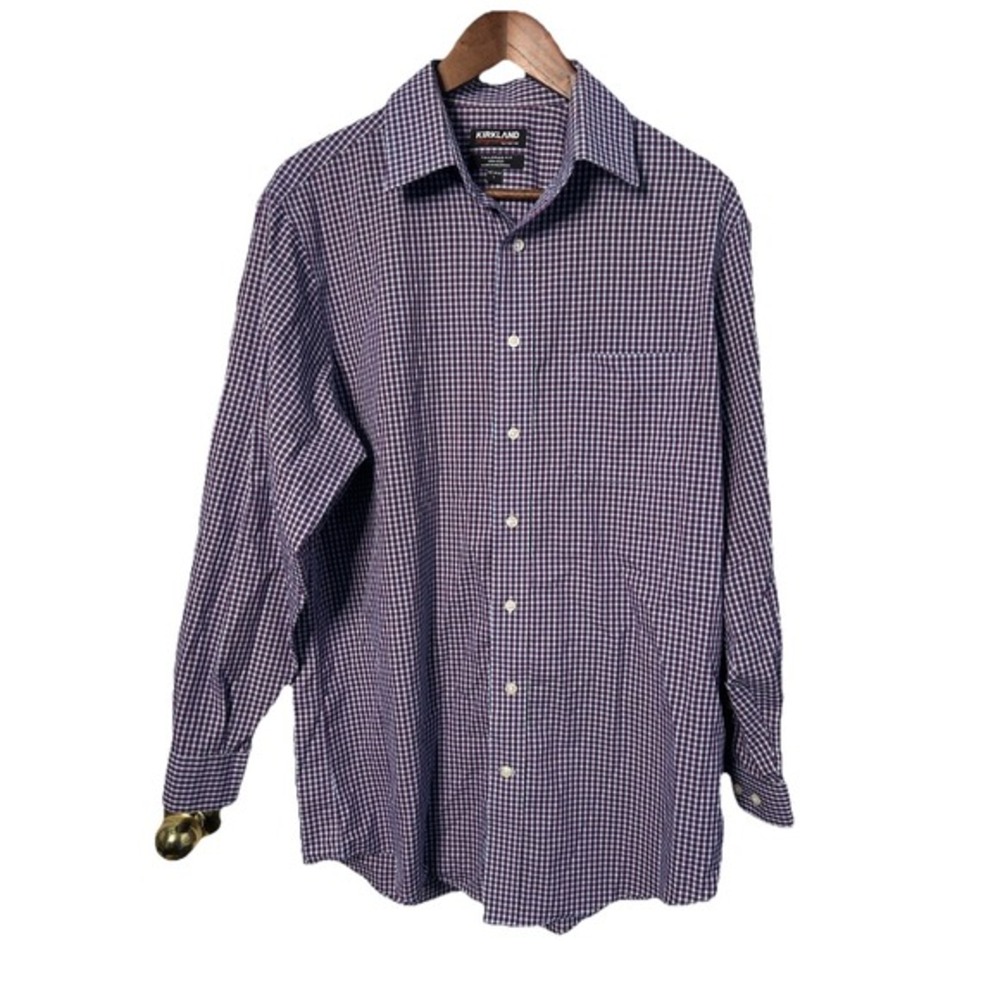 Kirkland‎ Signature Traditional Men Size Large Blue Plaid Dress Shirt Office
